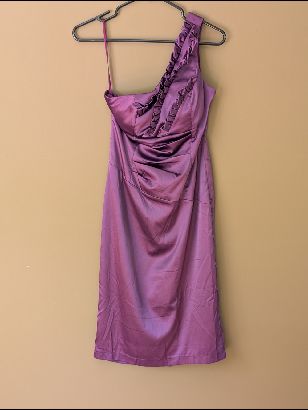 Ever Pretty One-Shoulder Ruffled Satin Dress in Plum